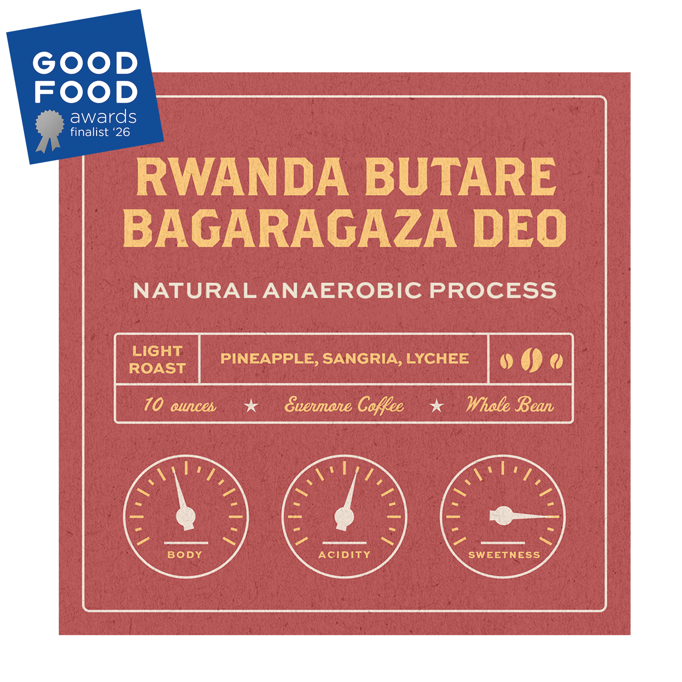 Coffee label for Rwanda Butare Bagaragaza Deo with Good Food award badge on red background
